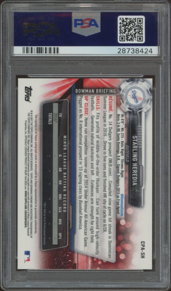 PSA graded 2017 Bowman Chrome Starling Heredia Rookie Card in protective case.