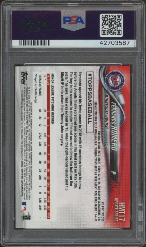 PSA 10 graded 2018 Topps Chrome Update Card of Fernando Romero, back view.