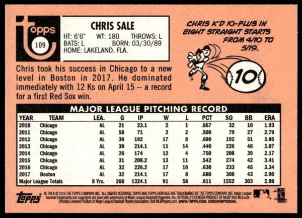 2018 Topps Heritage Chris Sale #109 (Back)