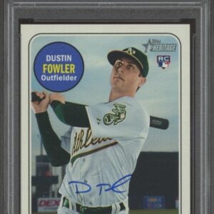 2018 Topps Heritage baseball card, signed by Oakland Athletics outfielder Dustin Fowler, rated Gem Mint 10.