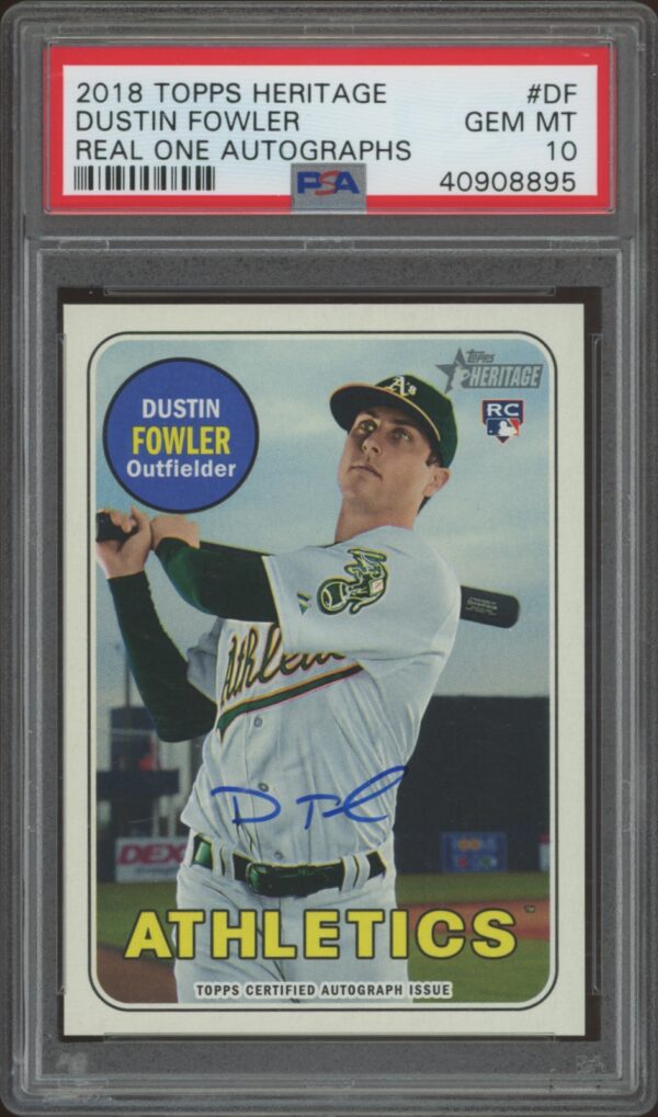 2018 Topps Heritage baseball card, signed by Oakland Athletics outfielder Dustin Fowler, rated Gem Mint 10.