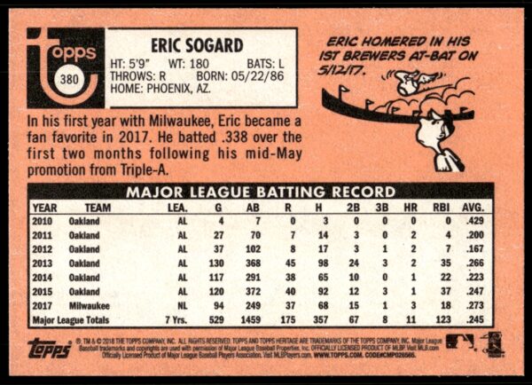 2018 Topps Heritage Eric Sogard #380 (Back)