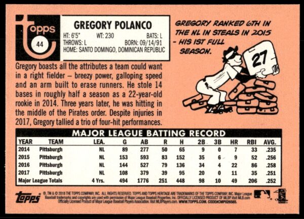 2018 Topps Heritage Gregory Polanco #44 (Back)