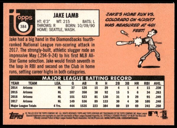 2018 Topps Heritage Jake Lamb #384 (Back)