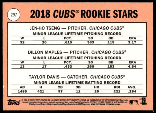 2018 Topps Heritage Jen-Ho Tseng / Dillon Maples / Taylor Davis PR50 #297 (Back)