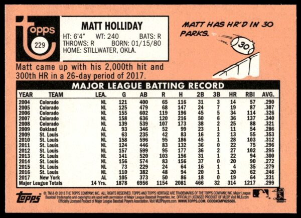 2018 Topps Heritage Matt Holliday #229 (Back)