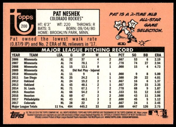 2018 Topps Heritage Pat Neshek #200 (Back)