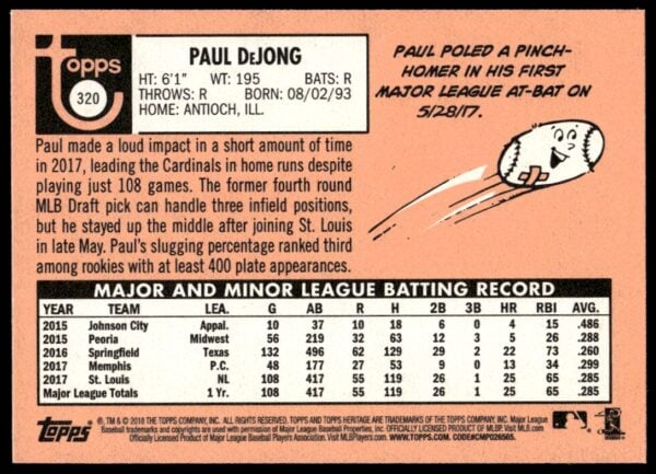 2018 Topps Heritage Paul DeJong #320 (Back)