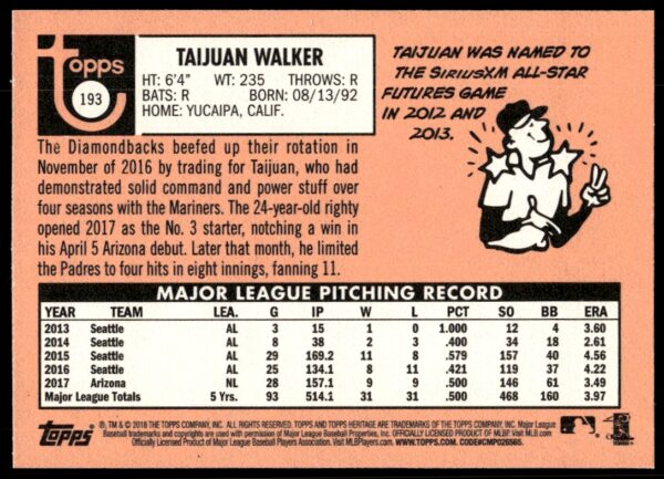 2018 Topps Heritage Taijuan Walker #193 (Back)