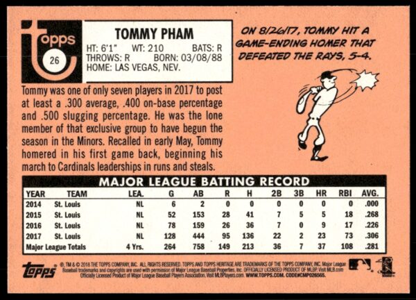 2018 Topps Heritage Tommy Pham #26 (Back)