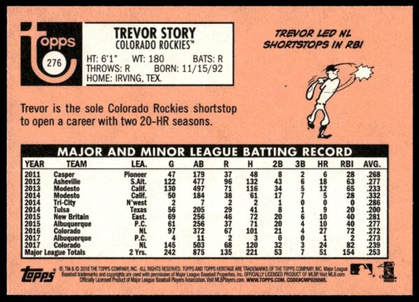 2018 Topps Heritage Trevor Story #276 (Back)