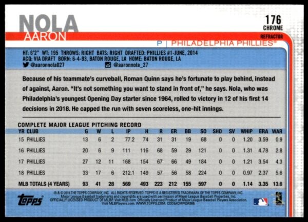 2019 Topps Chrome Aaron Nola Pink Refractor #176 (Back)