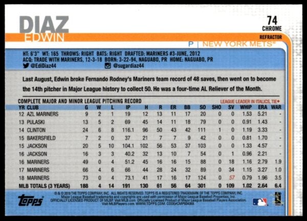 2019 Topps Chrome Edwin Diaz Pink Refractor #74 (Back)