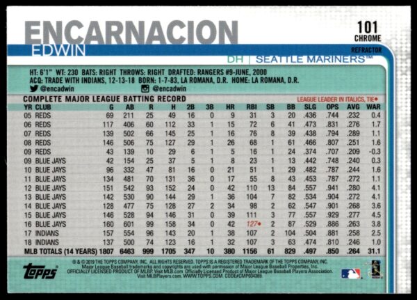 2019 Topps Chrome Edwin Encarnacion Pink Refractor #101 (Back)