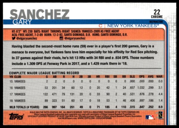 2019 Topps Chrome Gary Sanchez Pink Refractor #22 (Back)