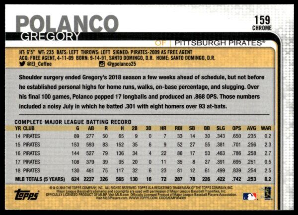 2019 Topps Chrome Gregory Polanco Pink Refractor #159 (Back)