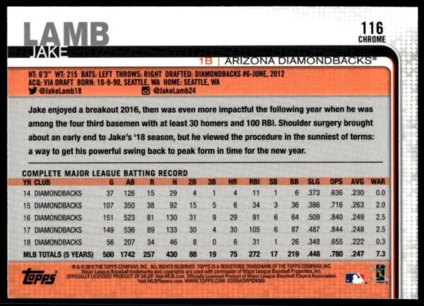 2019 Topps Chrome Jake Lamb Pink Refractor #116 (Back)