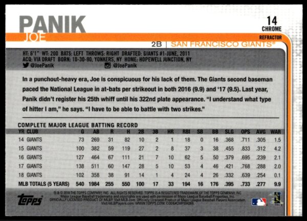 2019 Topps Chrome Joe Panik Pink Refractor #14 (Back)