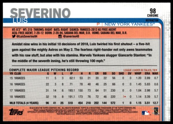 2019 Topps Chrome Luis Severino Pink Refractor #98 (Back)