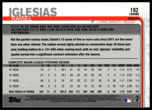 2019 Topps Chrome Raisel Iglesias Pink Refractor #192 (Back)