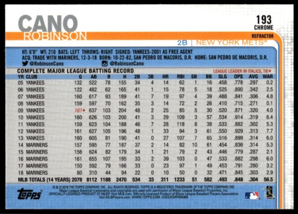 2019 Topps Chrome Robinson Cano Pink Refractor #193 (Back)