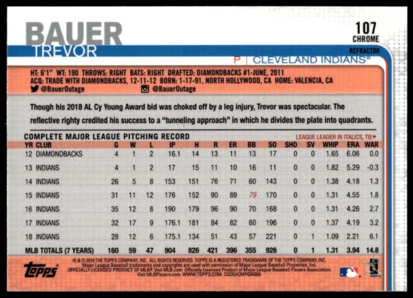 2019 Topps Chrome Trevor Bauer Pink Refractor #107 (Back)