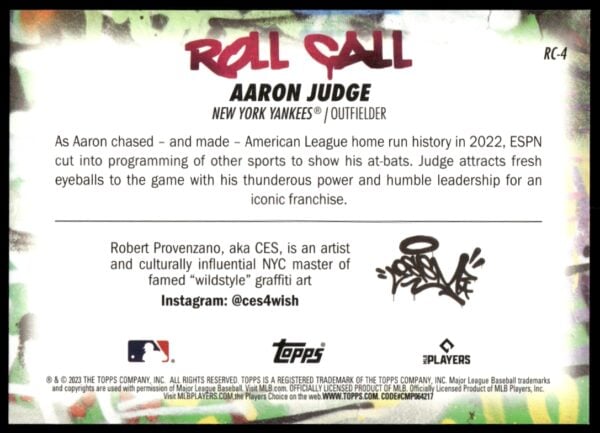 2023 Topps Big League Aaron Judge Roll Call Wildstyle Edition #RC-4 (Back)