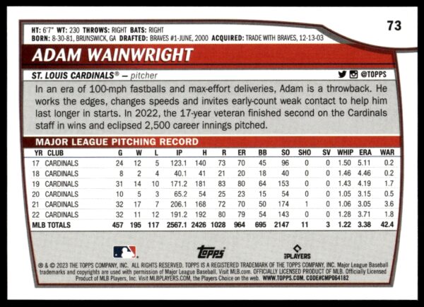 2023 Topps Big League Adam Wainwright #73 (Back)