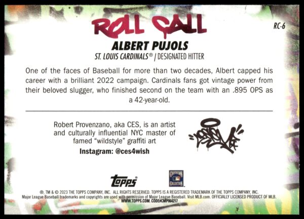 2023 Topps Big League Albert Pujols Roll Call Wildstyle Edition #RC-6 (Back)