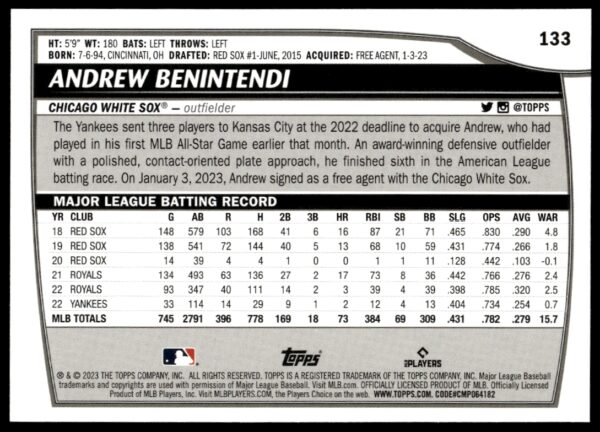 2023 Topps Big League Andrew Benintendi #133 (Back)