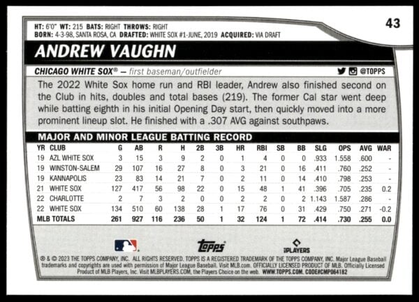 2023 Topps Big League Andrew Vaughn #43 (Back)