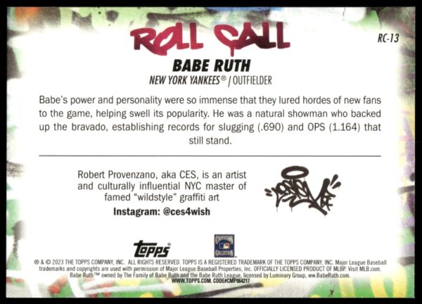 2023 Topps Big League Babe Ruth Roll Call Wildstyle Edition #RC-13 (Back)