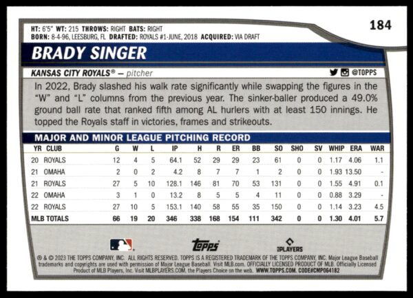 2023 Topps Big League Brady Singer #184 (Back)