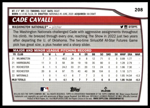 2023 Topps Big League Cade Cavalli Rainbow Foil #208 (Back)