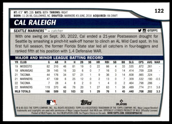 2023 Topps Big League Cal Raleigh #122 (Back)