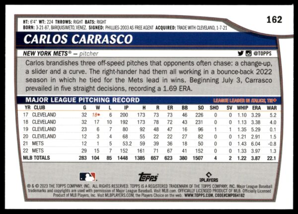 2023 Topps Big League Carlos Carrasco #162 (Back)