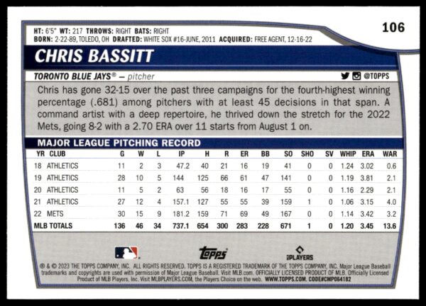 2023 Topps Big League Chris Bassitt #106 (Back)