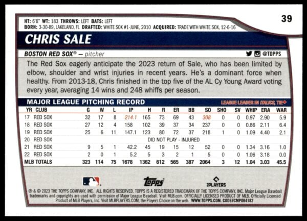 2023 Topps Big League Chris Sale #39 (Back)