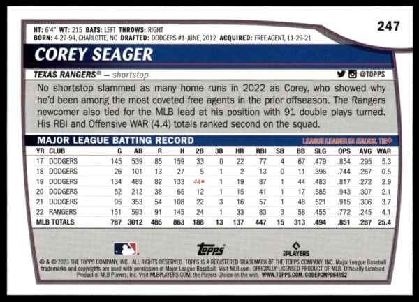 2023 Topps Big League Corey Seager Rainbow Foil #247 (Back)