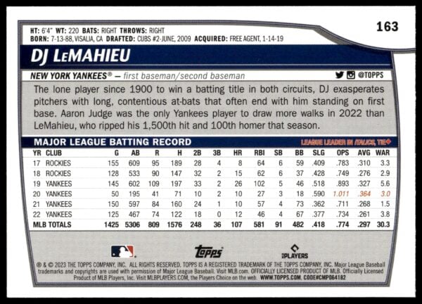 2023 Topps Big League DJ LeMahieu #163 (Back)