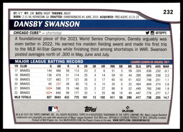 2023 Topps Big League Dansby Swanson Rainbow Foil #232 (Back)