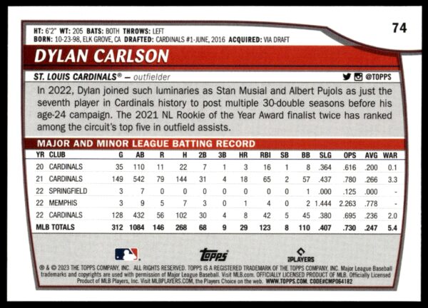 2023 Topps Big League Dylan Carlson #74 (Back)