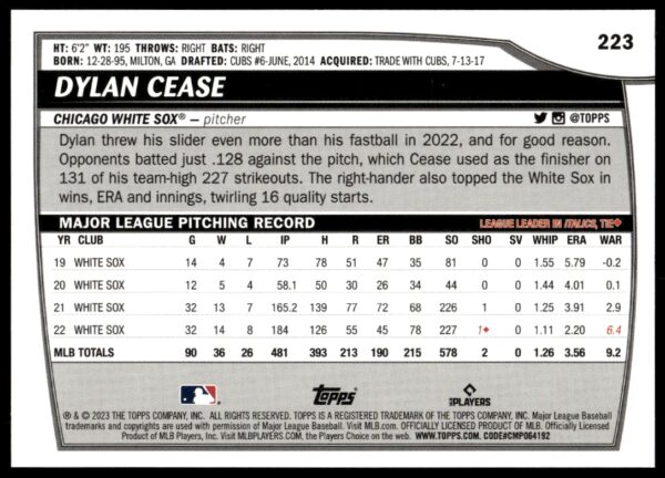 2023 Topps Big League Dylan Cease Rainbow Foil #223 (Back)