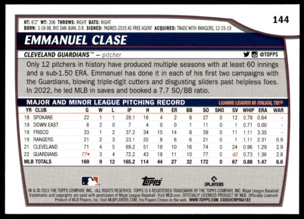 2023 Topps Big League Emmanuel Clase #144 (Back)