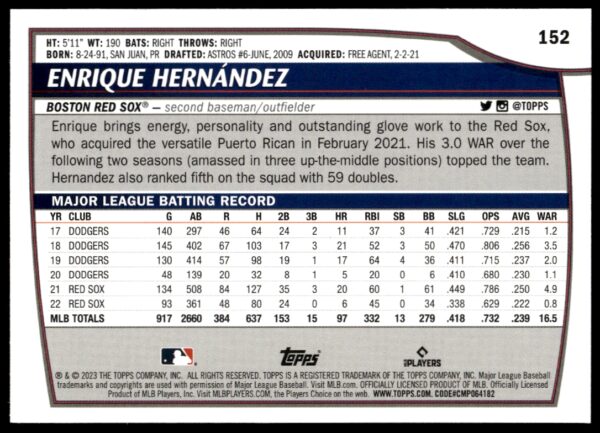 2023 Topps Big League Enrique Hernandez #152 (Back)