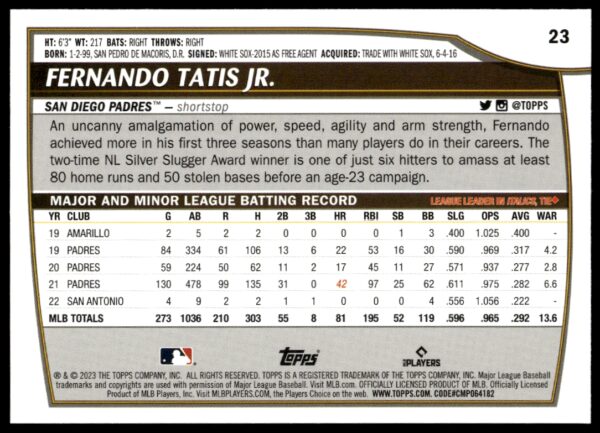 2023 Topps Big League Fernando Tatis Jr. #23 (Back)