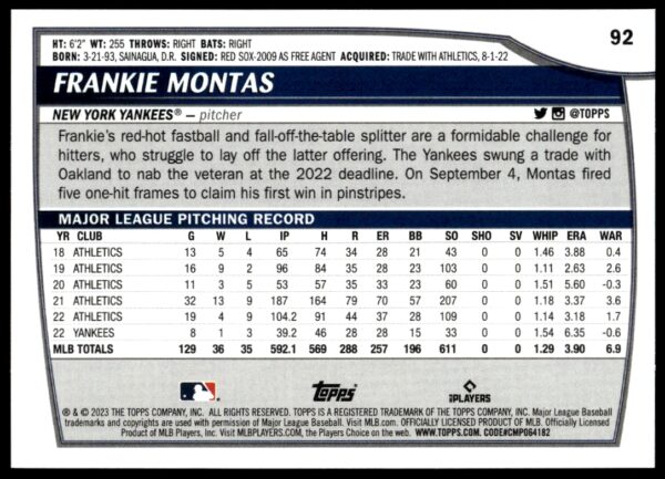 2023 Topps Big League Frankie Montas #92 (Back)