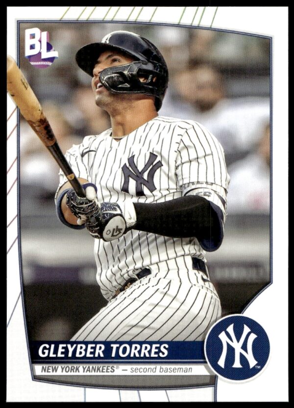 Gleyber Torres of New York Yankees swinging bat in 2023 Topps Big League Baseball Card.