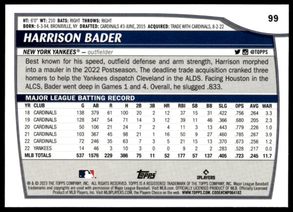 2023 Topps Big League Harrison Bader #99 (Back)