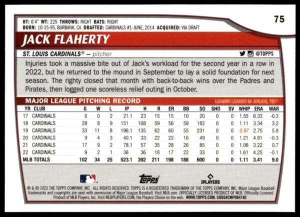 2023 Topps Big League Jack Flaherty #75 (Back)